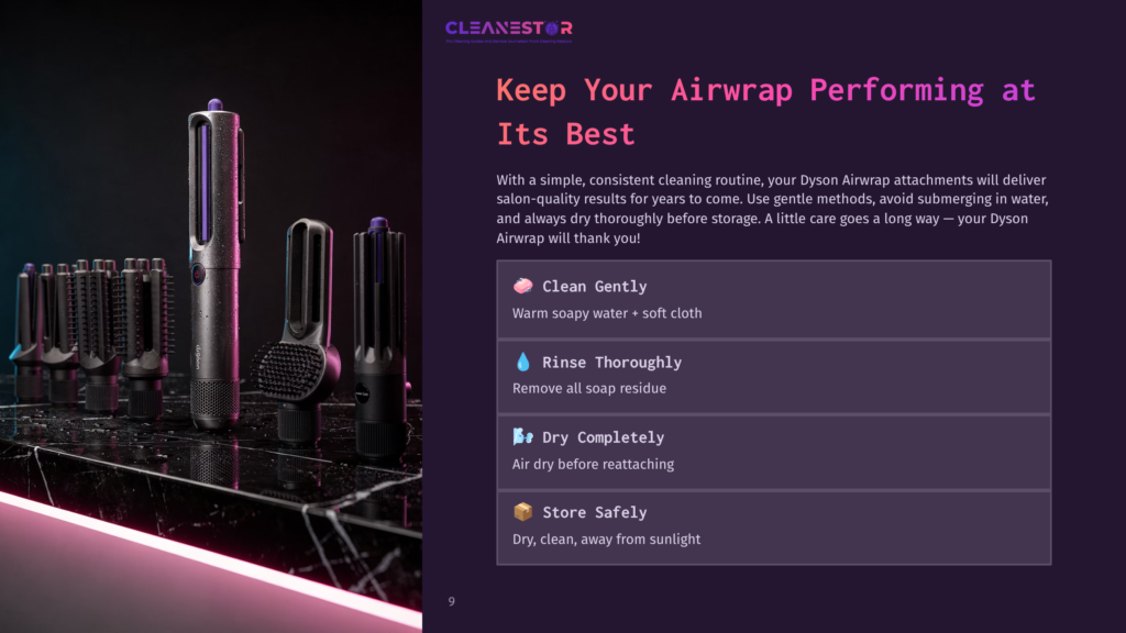 9 Keep Your Airwrap Performing At Its Best Close-Up Of Dyson Airwrap Attachments Arranged On A Dark, Reflective Surface, With A Sleek Dyson Airwrap Styler In The Center, Illuminated By Purple Light. Text Overlay Reads: &Quot;Cleanestor - Keep Your Airwrap Performing At Its Best&Quot;.