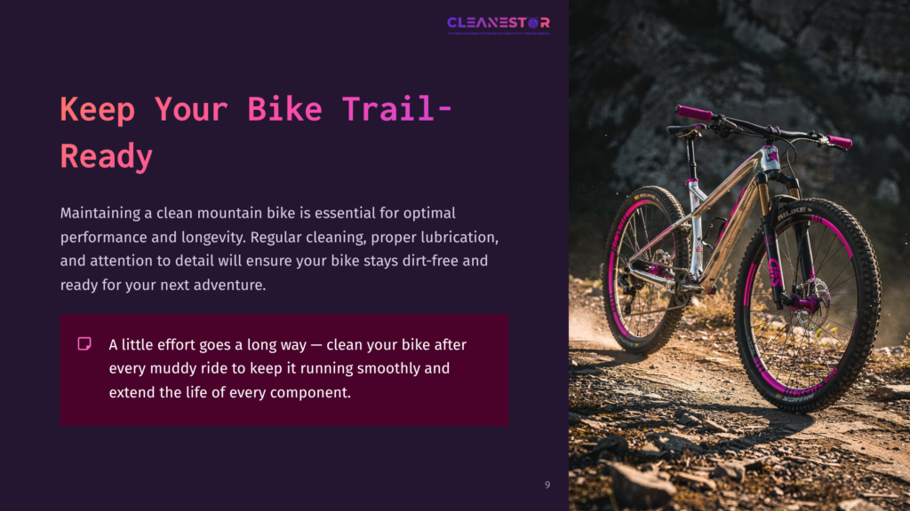 A Mountain Bike With A Silver Frame And Purple Accents Is Positioned On A Dark Background, Alongside Tips For Maintenance.