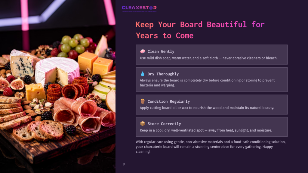 A Charcuterie Board Overflowing With Cheese, Cured Meats, Fruits, And Bread, With Text Overlay &Quot;Cleanestor: Keep Your Board Beautiful For Years To Come&Quot;.