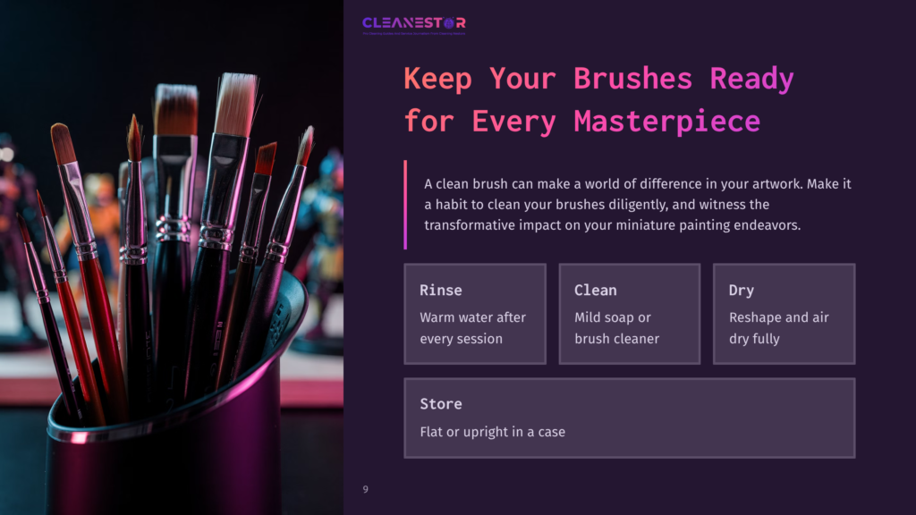 A Collection Of Paintbrushes In Various Sizes Stands In A Black Container With A Purple Gradient Background, Highlighting Cleaning Tips.
