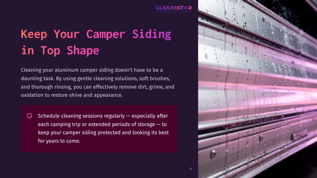 Vertical Aluminum Camper Siding Reflects Light, Showing Droplets Of Water. Soft Brushes And Cleaning Products Are Nearby, Emphasizing Maintenance.