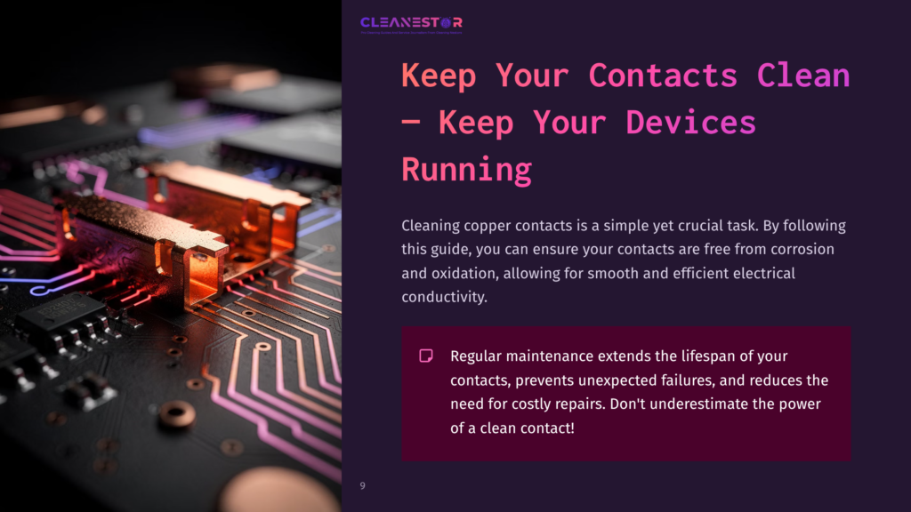 Close-Up Of Shiny Copper Electrical Contacts On A Circuit Board, With Text &Quot;Cleanestor&Quot; And &Quot;Keep Your Contacts Clean - Keep Your Devices Running&Quot;.