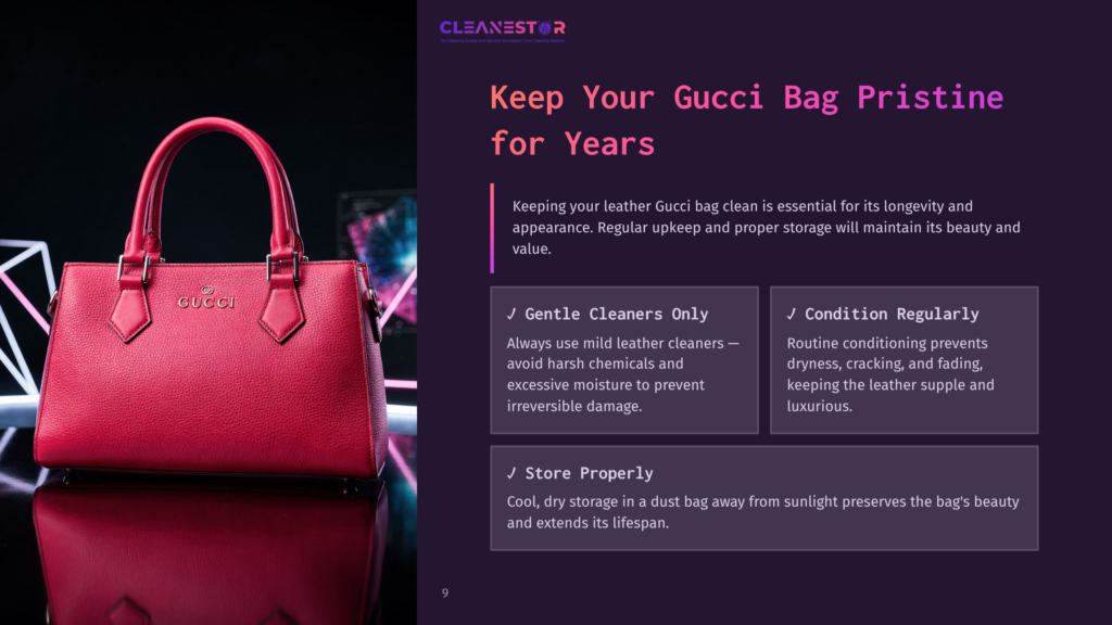9 Keep Your Gucci Bag Pristine For Years Bright Pink Leather Gucci Bag On A Dark Background, With Tips For Maintenance Alongside. Modern Design And Elegant Text Layout.