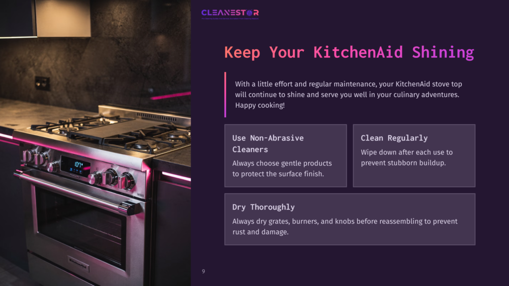 Modern Kitchen With A Stainless Steel Stove, Glowing Purple Accents, And Cleaning Tips In Bold Pink Text On A Dark Background.