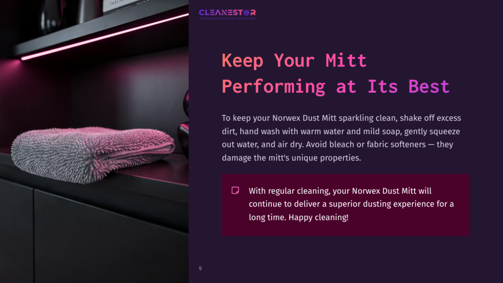 9 Keep Your Mitt Performing At Its Best A Gray Norwex Dust Mitt With A Textured Surface Rests On A Dark Shelf, Illuminated By Pink Led Lighting, With Text Overlay Promoting Cleaning Tips.