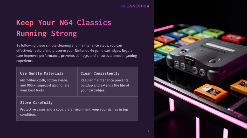 9 Keep Your N64 Classics Running Strong A Nintendo 64 Console With Colorful Game Cartridges Displayed On A Black Surface, Illuminated By Pink And Purple Lighting.