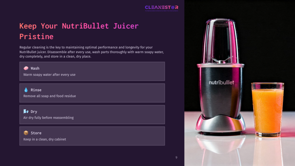 A Nutribullet Juicer On A Black Background, Next To A Bright Orange Juice. Instructions For Cleaning In A Purple Box With White Text.