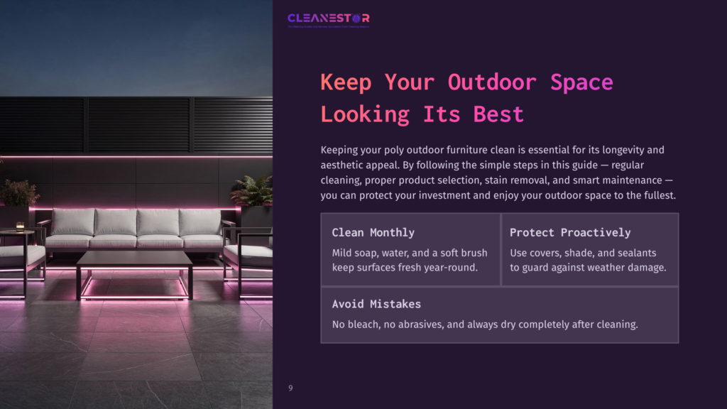 Modern Outdoor Patio Furniture, Including A White Sofa And Chairs, Is Illuminated By Purple Uplighting Against A Dark, Modern Building Facade. Text On The Right Reads: &Quot;Cleanestor,&Quot; &Quot;Keep Your Outdoor Space Looking Its Best,&Quot; And &Quot;Clean Monthly,&Quot; &Quot;Protect Proactively,&Quot; &Quot;Avoid Mistakes.