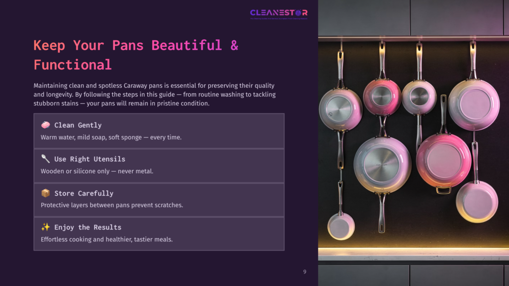 Five Shiny Caraway Pans Hang From A Sleek, Modern Wall Rack Against A Dark Purple Background, Accompanied By Cleaning Tips In White Text.