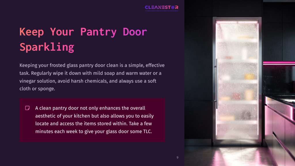A Frosted Glass Pantry Door With A Pink Frame, Partially Open, Revealing Organized Shelves With Jars And Containers Inside.