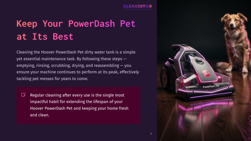 A Hoover Powerdash Pet Upright Carpet Cleaner With Purple Accents Sits On A Dark Wood Floor, With A Golden Retriever Dog Looking Down At It From The Right Side Of The Frame. The Cleaner Has &Quot;Powerdash Pet&Quot; Written On It.