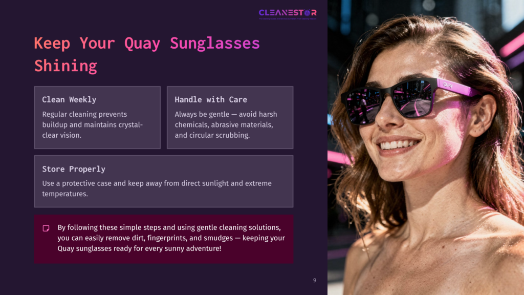 A Smiling Woman With Purple Quay Sunglasses On, Featuring A Pink Frame. Text Overlay Reads &Quot;Keep Your Quay Sunglasses Shining&Quot;.