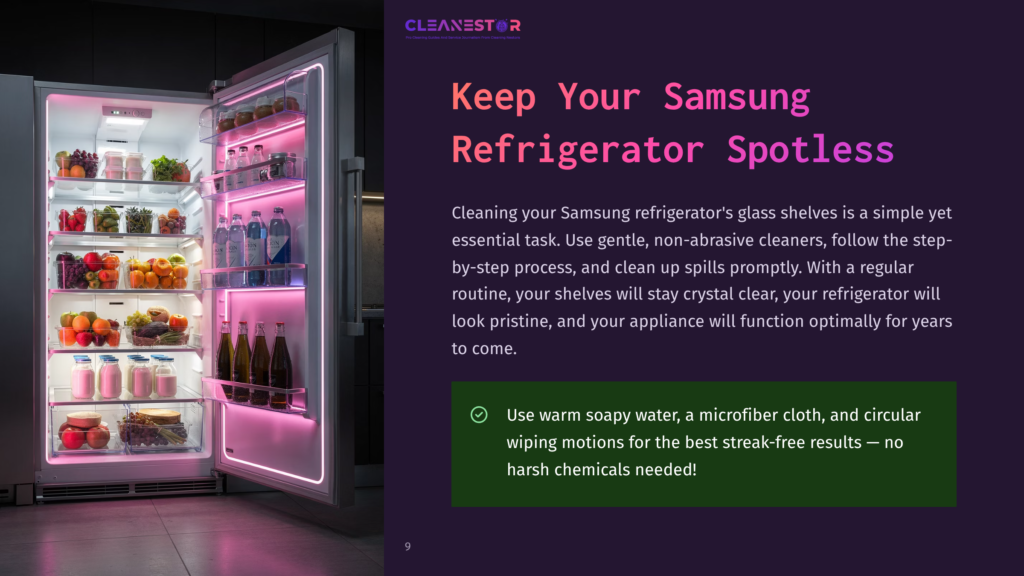 An Open Samsung Refrigerator With Bright Pink Led Lighting Illuminating Shelves Stocked With Fresh Produce, Dairy, And Drinks. The Text &Quot;Cleanestor&Quot; Is Visible At The Top.