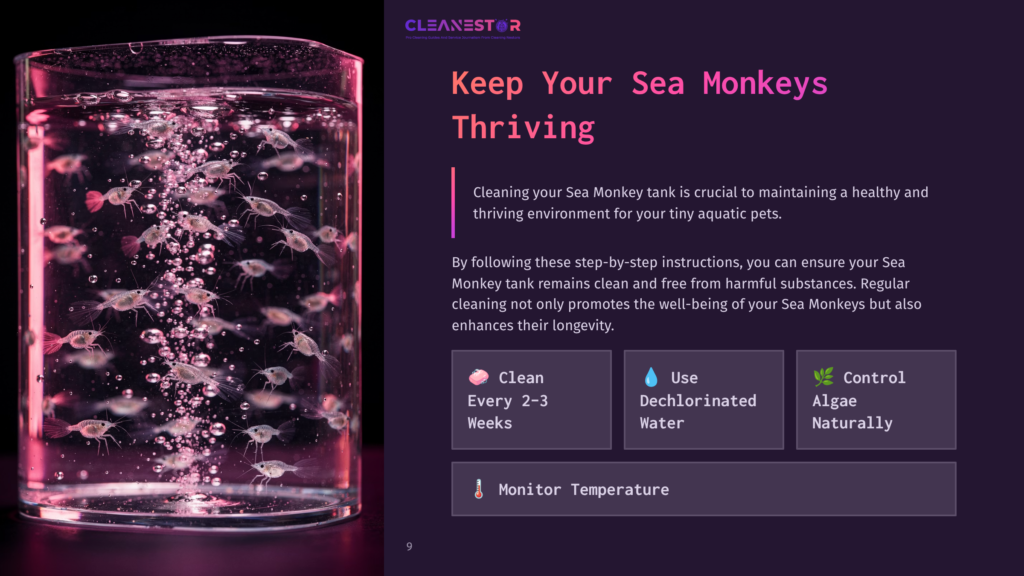 9 Keep Your Sea Monkeys Thriving Transparent Tank Filled With Small, Active Sea Monkeys Swimming In Pink-Tinted Water, Surrounded By Cleaning Tips In A Dark Layout.