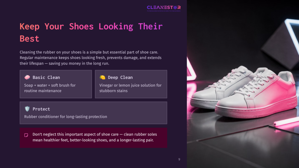 Two White Sneakers Sit On A Dark, Reflective Surface, Illuminated By Vibrant Pink And Blue Neon Lights. The Text &Quot;Cleanestor&Quot; Is Visible At The Top Of The Image.