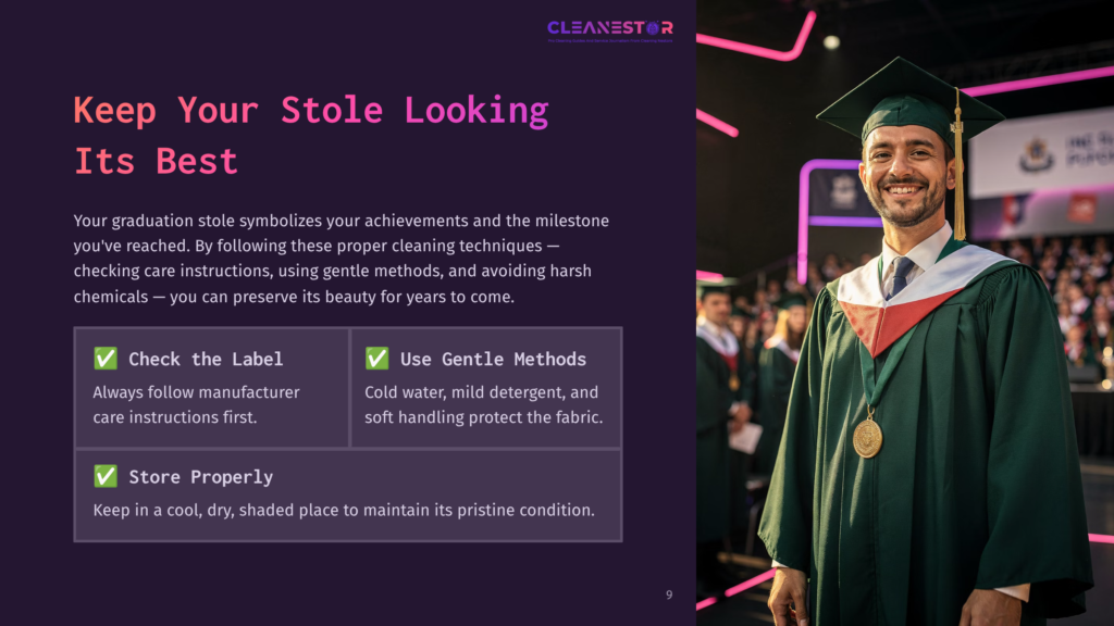 A Smiling Graduate In A Green Cap And Gown Stands In A Brightly Lit Ceremony, With A Medal And Checklist On Cleaning Methods Beside Him.