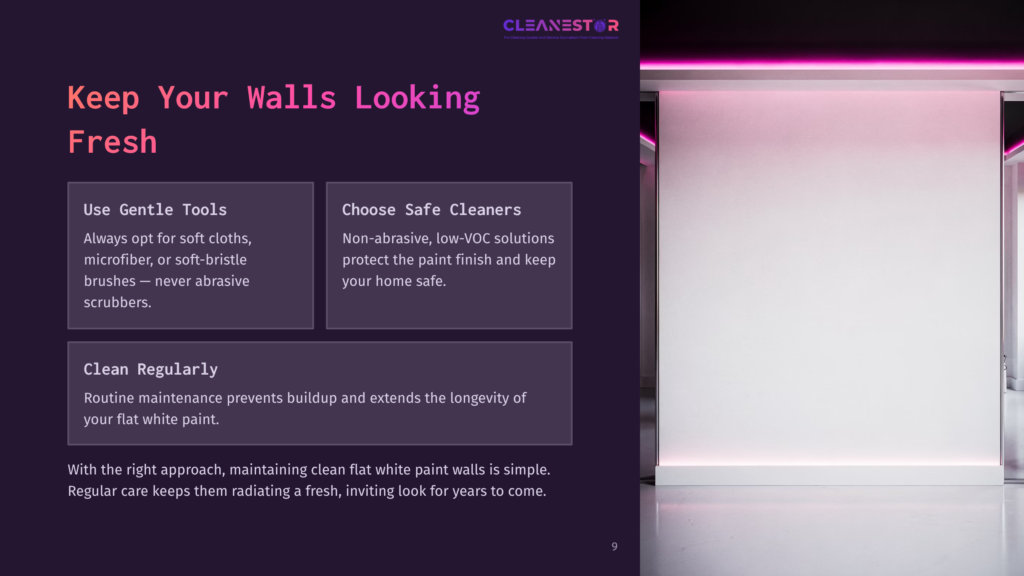 A Dark Purple Background Features White Text With Tips For Cleaning Flat White Paint Walls, Alongside A Gradient Light Panel.
