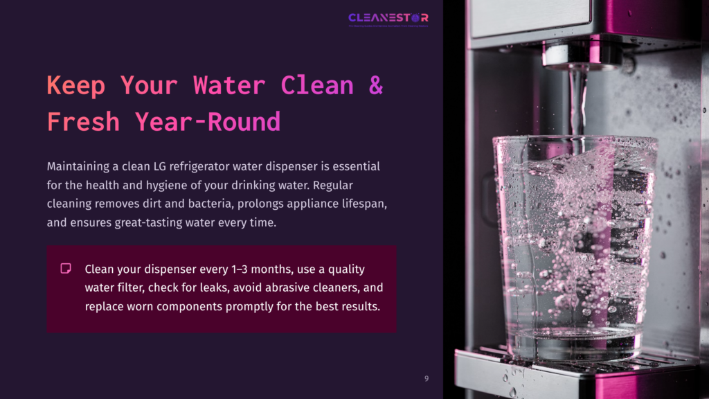 Cleanestor Logo And Text &Quot;Keep Your Water Clean &Amp; Fresh Year-Round.&Quot; A Glass Of Clear Water Fills From A Stainless Steel Lg Refrigerator Water Dispenser, With Bubbles Rising.