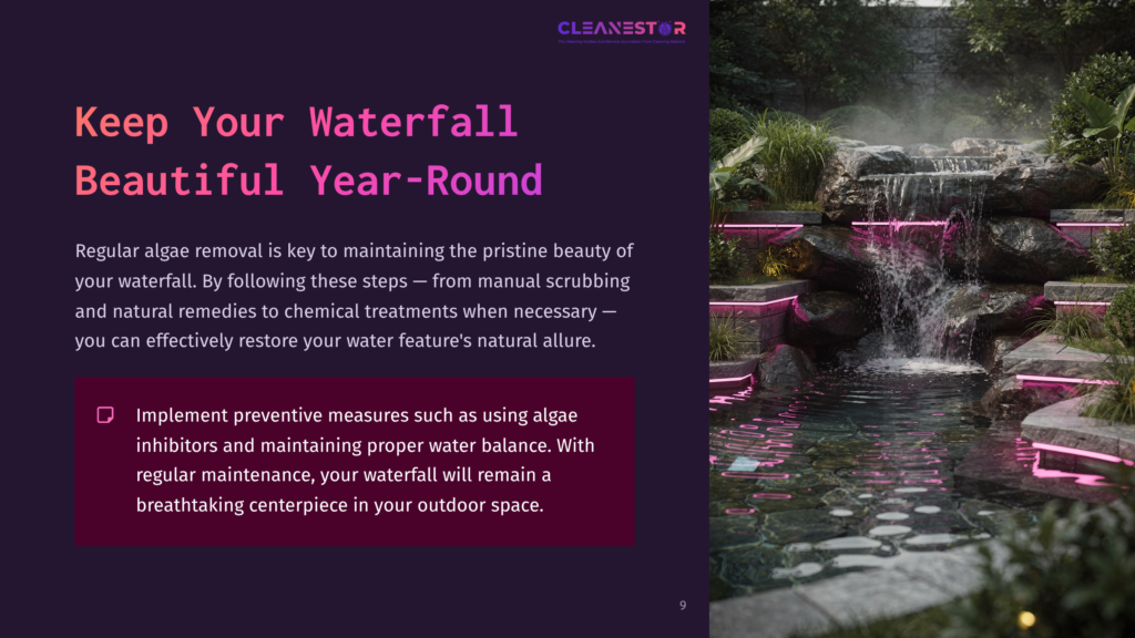A Serene Waterfall With Pink-Lit Rocks, Surrounded By Lush Greenery, Showcasing A Clean, Algae-Free Water Feature.
