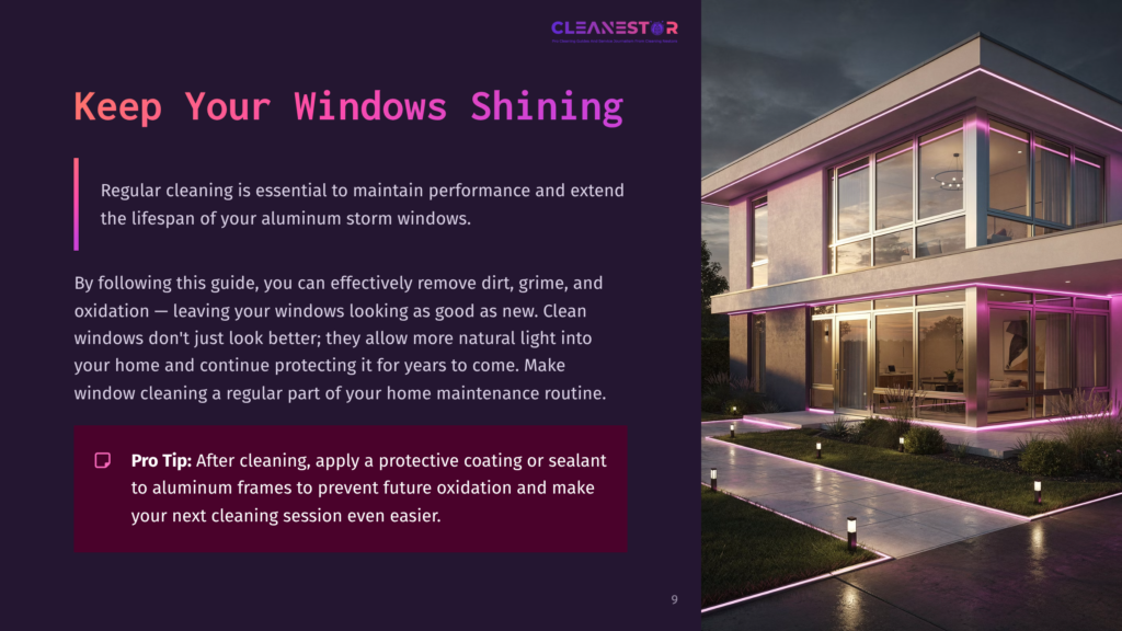 9 Keep Your Windows Shining 1 Modern House With Large Windows Illuminated By Pink Led Lights At Dusk. The Text &Quot;Keep Your Windows Shining&Quot; Is Overlaid On The Left.