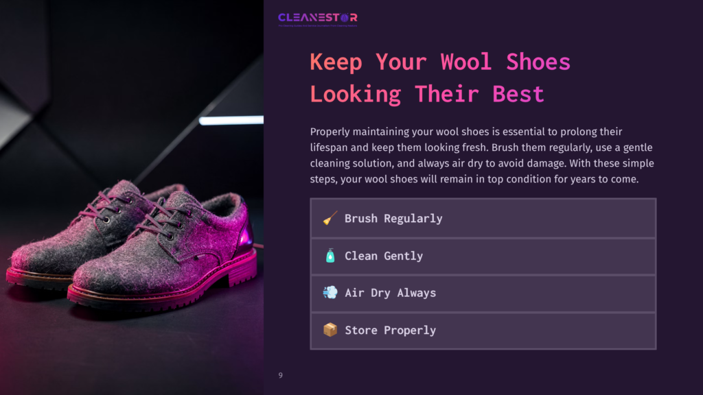A Pair Of Grey Wool Shoes With Brown Laces Is Displayed On A Dark Background With A Purple Glow. The Image Includes Text From The Cleanestor Brand, Offering Tips On How To Keep Wool Shoes Looking Their Best.
