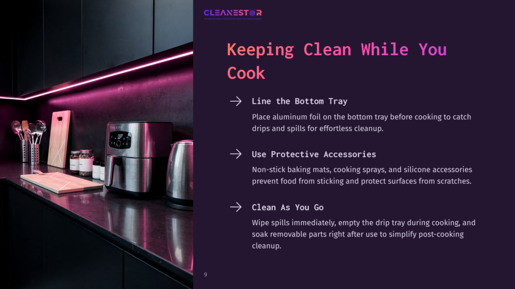 Modern Kitchen With Sleek Black Cabinets, A Neon Pink Light Strip, And An Air Fryer. Text Overlay Reads &Quot;Cleanestor&Quot; And &Quot;Keeping Clean While You Cook&Quot;.