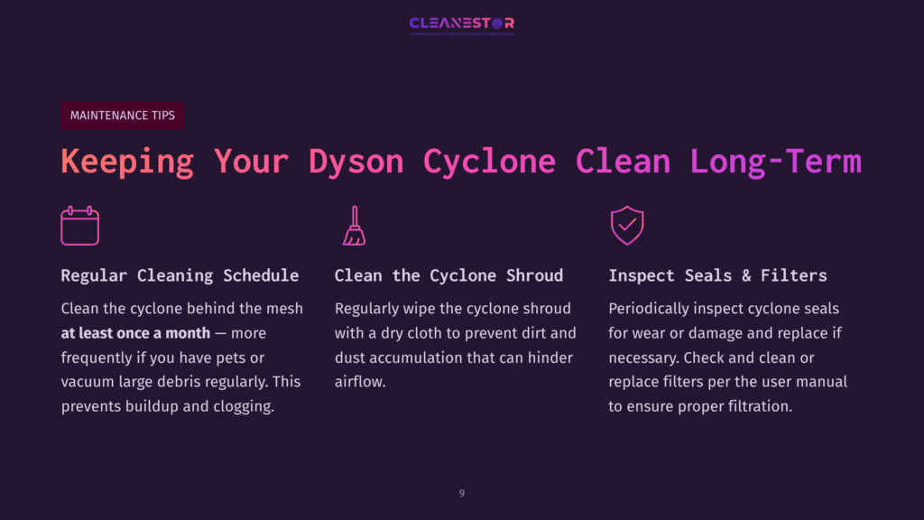 Text On A Dark Background With Vibrant Pink Headings And White Bullet Points, Providing Maintenance Tips For A Dyson Cyclone Vacuum.
