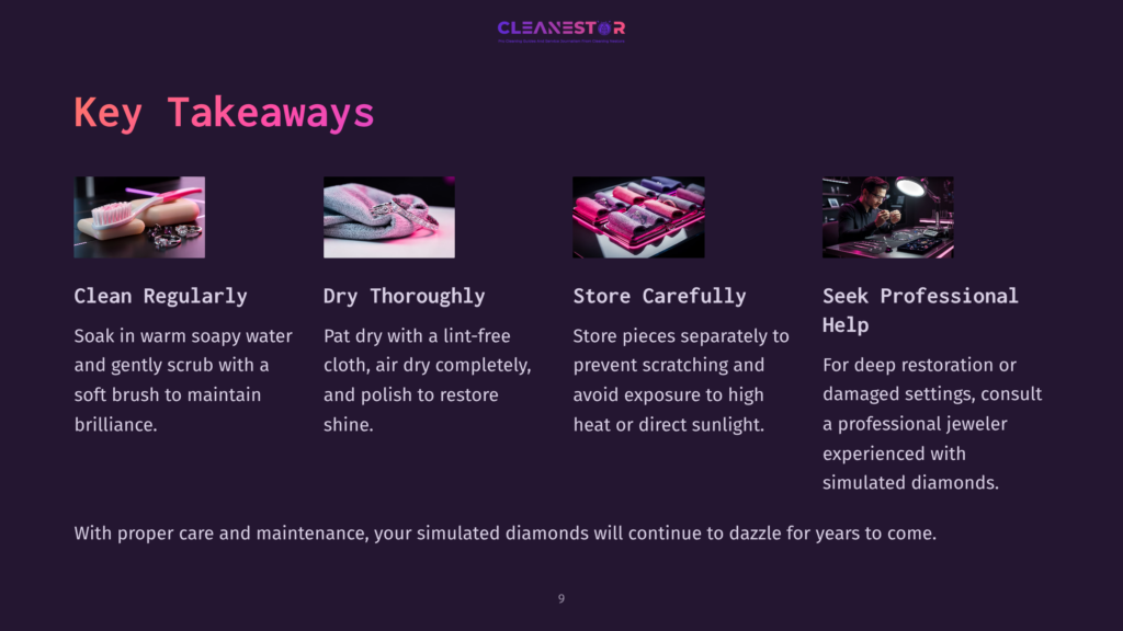 Four Sections With Pink Text Highlight Care Tips For Simulated Diamonds, Featuring Soft Cleaning Tools And Storage Methods.