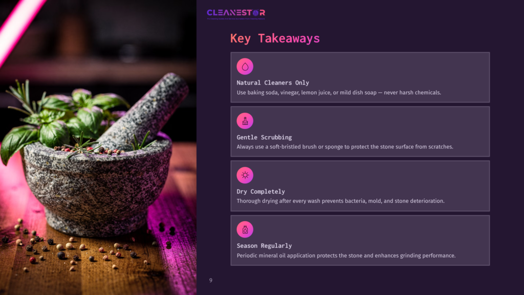A Gray Stone Mortar And Pestle Surrounded By Scattered Spices, With Text Highlighting Key Cleaning Takeaways On A Dark Purple Background.