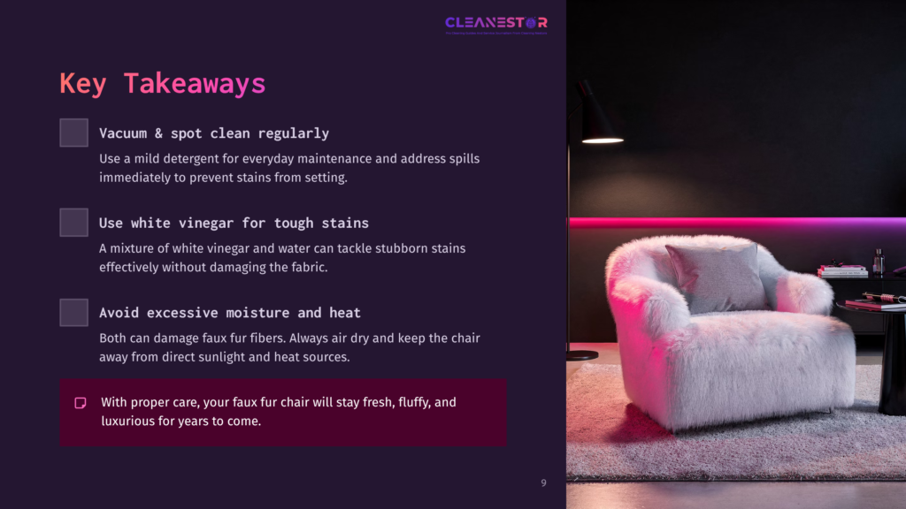 A Cozy Faux Fur Chair In A Brightly Lit Room, Accompanied By Cleaning Tips In A Contrasting Purple And White Layout.