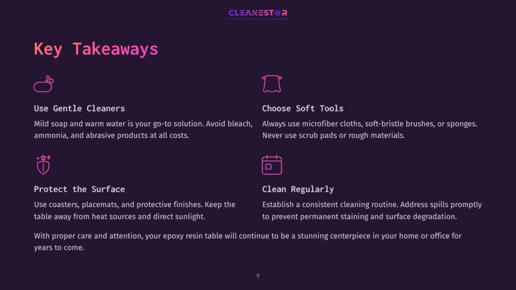 Key Takeaways On Cleaning Epoxy Resin Tables, Featuring A Dark Background, Headings In Pink, And Icons For Cleaning Tips And Tools.