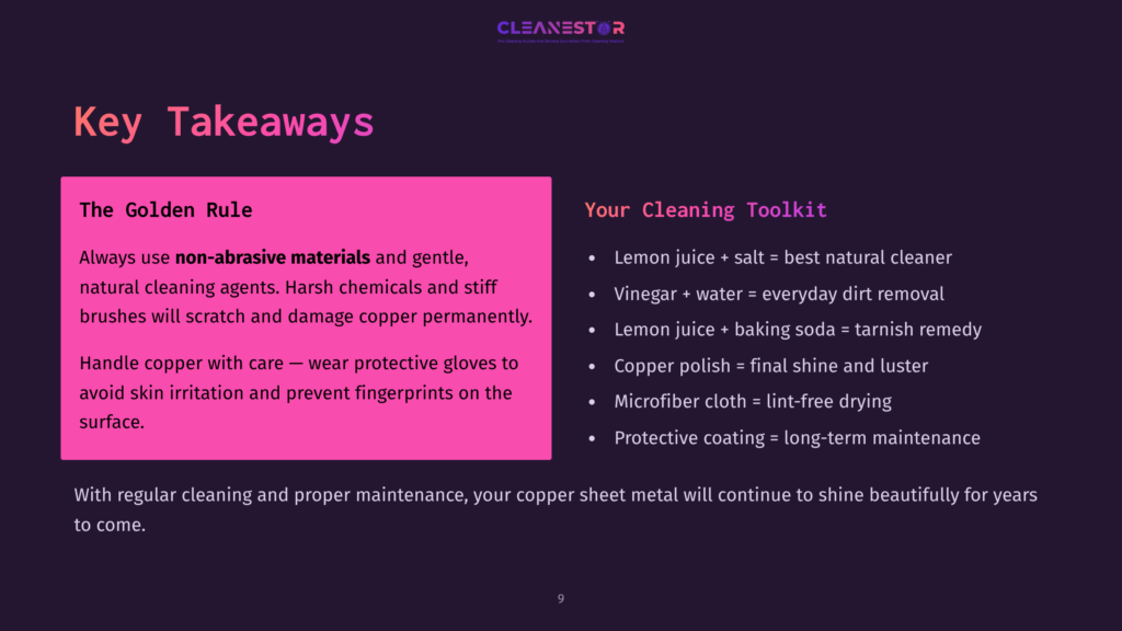 A Vibrant Pink Box With Cleaning Tips For Copper Sheet Metal, Alongside A Dark Background With White Text Detailing Key Takeaways And A Cleaning Toolkit.