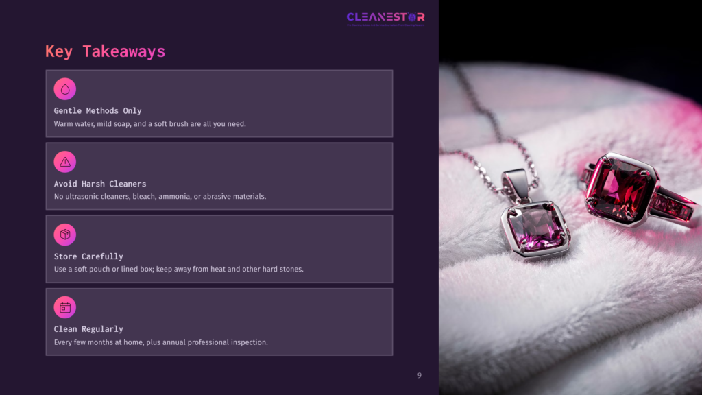 A Close-Up Of A Sparkling Pink Gemstone Necklace And Ring, Resting On A Plush White Surface. The Image Is Split, With The Left Side Displaying &Quot;Key Takeaways&Quot; In Purple Text, Outlining Gentle Cleaning Methods For Jewelry.