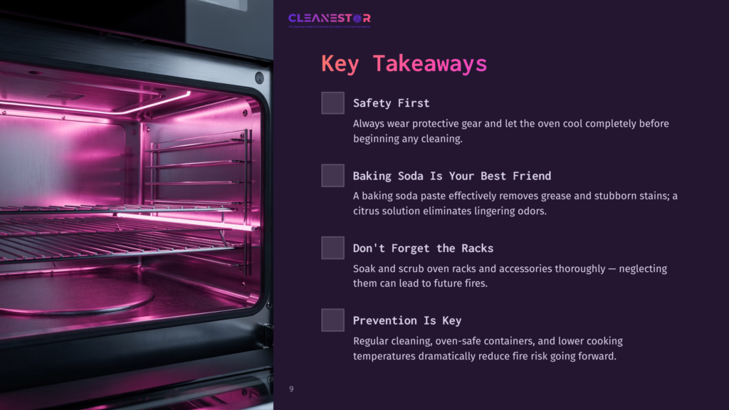 An Open Oven Interior Glows With Purple Led Lights, Highlighting The Racks And The Oven'S Clean, Modern Design. Text Overlay Reads &Quot;Cleanestor&Quot; And &Quot;Key Takeaways&Quot; With Bullet Points About Oven Cleaning.