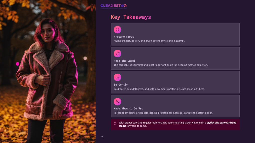 A Woman In A Stylish Brown Shearling Jacket Stands In An Autumnal Park, Bathed In Warm, Golden Light. Key Takeaways For Shearling Jacket Care Are Displayed On The Right.