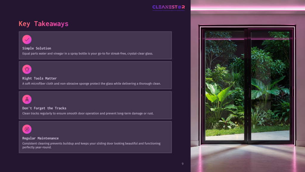 A Modern Sliding Glass Door Showcases A Lush Outdoor View, Framed By Sleek Black Edges, With Soft Purple Lighting Accentuating The Space.