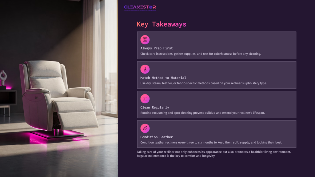 A Light-Colored Recliner With Subtle Detailing Sits To The Left, Beside A Purple Box Containing Key Care Tips For Cleaning.