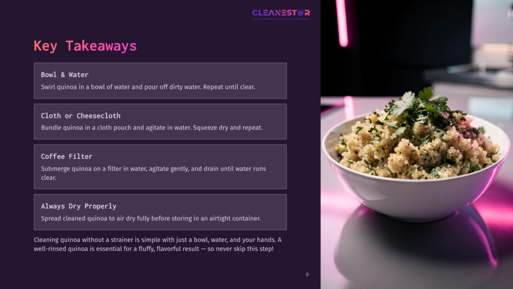 A Bowl Of Fluffy Cooked Quinoa Garnished With Fresh Herbs, Alongside Text Instructions On Cleaning Quinoa Without A Strainer.