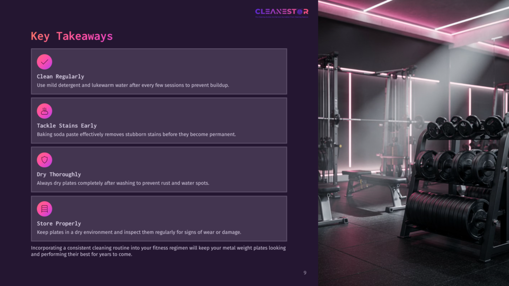 A Gym Setting With Metal Weight Plates, Exercise Equipment, And Pink Lighting, Featuring Key Cleaning Tips In Purple Text Boxes.
