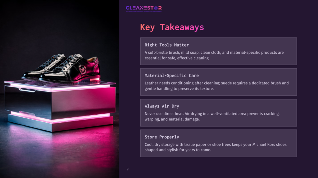 Black Michael Kors Shoes Resting On A Lighted Display Box, With A Pink Glow; Text Highlights Key Cleaning Tips And Care Instructions.