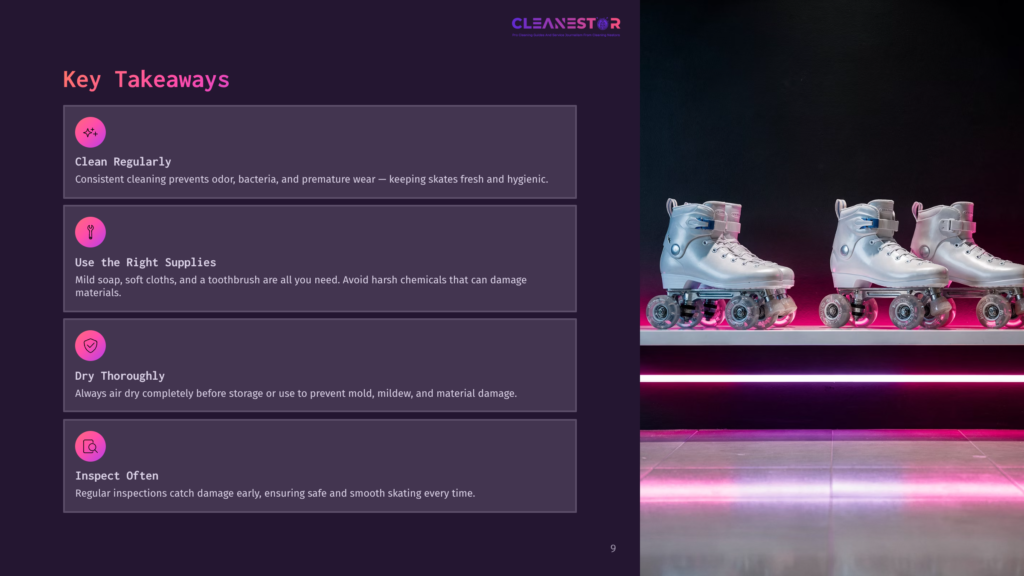 White Roller Skates With Colorful Wheels On A Bright Surface, Accompanied By Bullet Points On Maintenance Tips Against A Dark Purple Background.