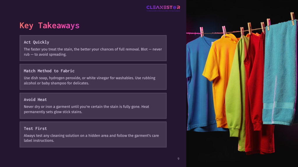 Three Brightly Colored Shirts Hang On A Clothesline Against A Dark Purple Background, With Cleaning Tips Displayed Beside Them.