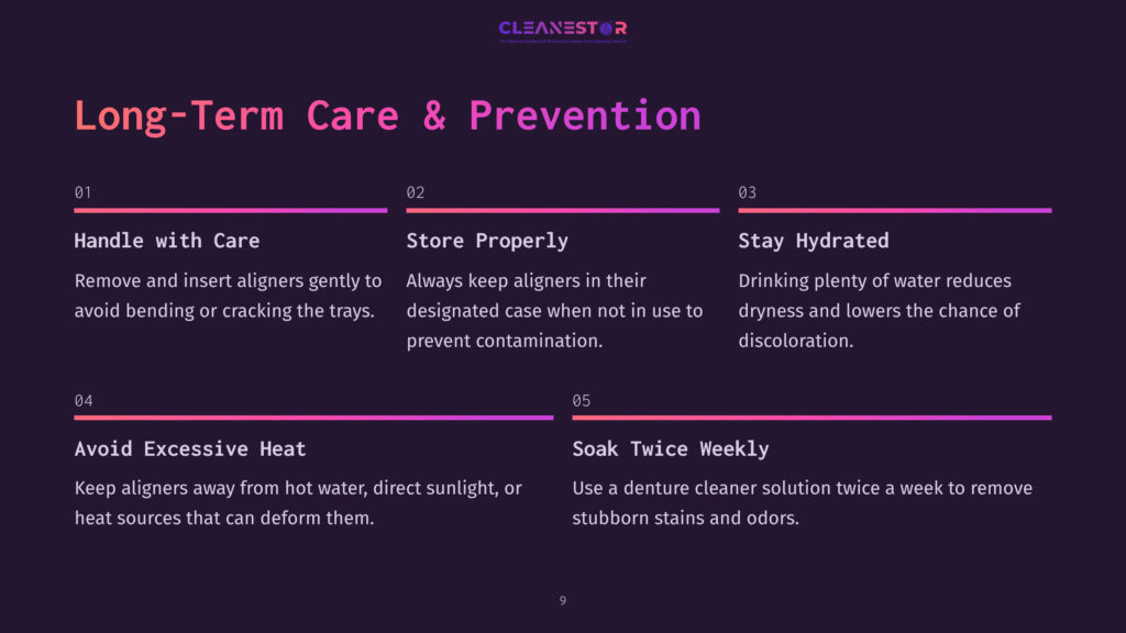 Graphic With Text Outlining Long-Term Care And Prevention For Aligners, Including Handling With Care, Storing Properly, Staying Hydrated, Avoiding Excessive Heat, And Cleaning Twice Weekly.