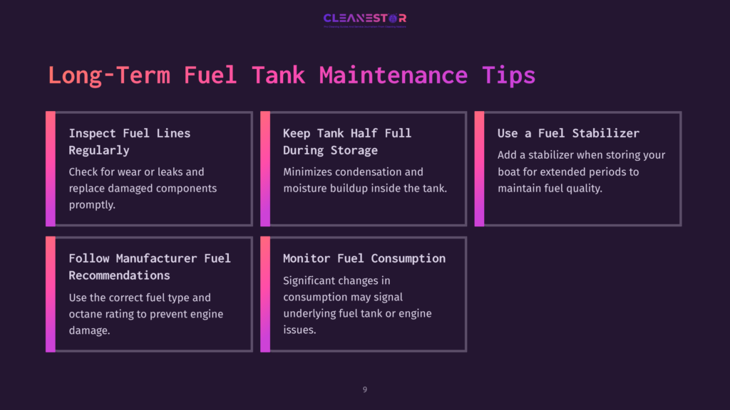 Long-Term Fuel Tank Maintenance Tips: Inspect Fuel Lines Regularly, Keep Tank Half Full During Storage, Use A Fuel Stabilizer, Follow Manufacturer Recommendations, And Monitor Fuel Consumption.