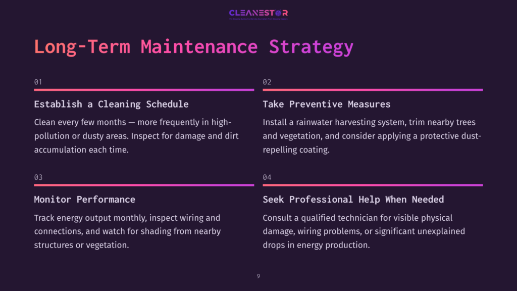 Long-Term Maintenance Strategy Graphic From Cleanestor, Outlining Four Key Steps: Establish A Cleaning Schedule, Take Preventive Measures, Monitor Performance, And Seek Professional Help When Needed.