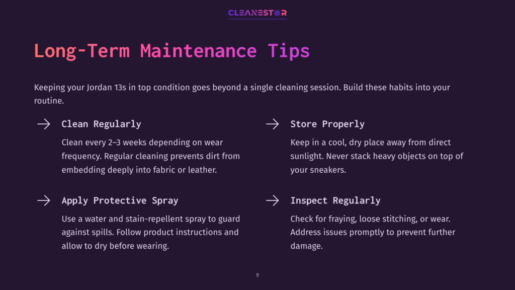 Cleanestor Logo Above Text: &Quot;Long-Term Maintenance Tips.&Quot; Below, Four Tips With Icons: &Quot;Clean Regularly,&Quot; &Quot;Store Properly,&Quot; &Quot;Apply Protective Spray,&Quot; And &Quot;Inspect Regularly.