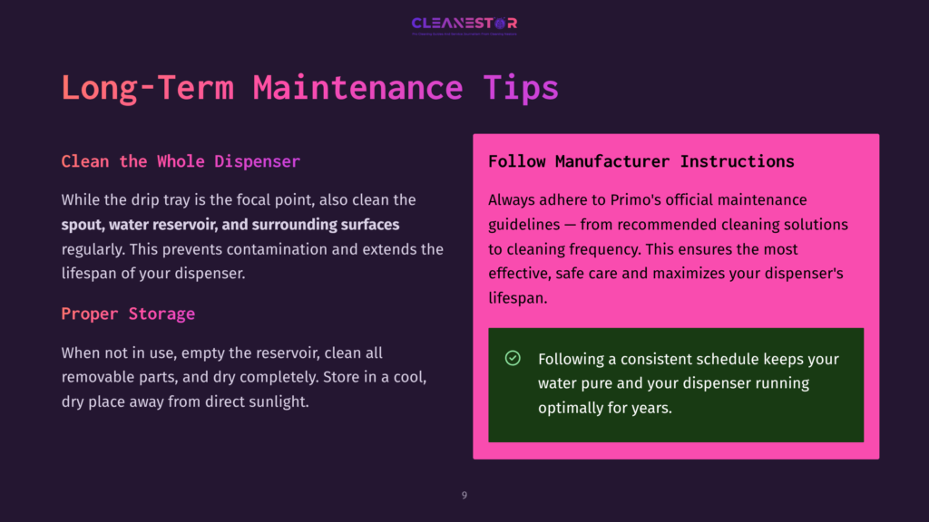 Cleanestor Logo At The Top Of A Dark Purple Slide With &Quot;Long-Term Maintenance Tips&Quot; In Large White Text. The Slide Details Cleaning Instructions For A Dispenser, Including &Quot;Clean The Whole Dispenser&Quot; And &Quot;Proper Storage,&Quot; And &Quot;Follow Manufacturer Instructions&Quot; With Bullet Points.