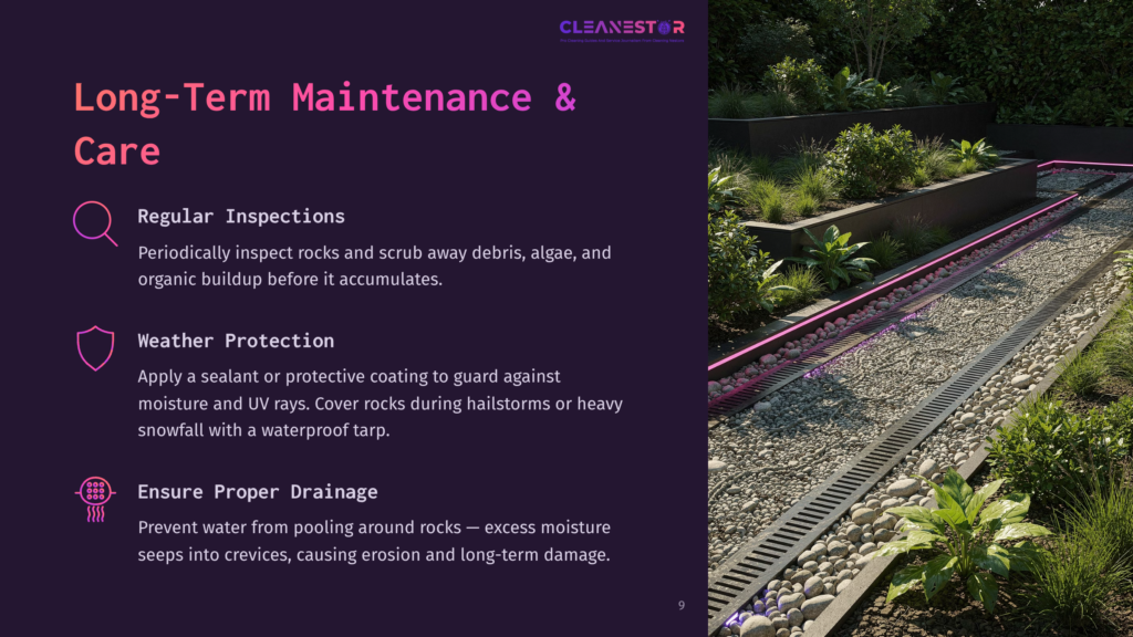A Gravel Pathway With Drainage Grates And Decorative Rocks Is Bordered By Lush Green Plants And Raised Garden Beds, With A Pink Light Illuminating The Edge Of The Pathway. Text On The Left Discusses Long-Term Maintenance And Care For Outdoor Spaces, Including Regular Inspections, Weather Protection, And Proper Drainage.