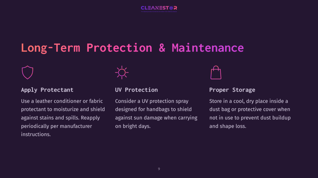 Three Icons With Text Boxes Below: &Quot;Apply Protectant&Quot; With A Shield Icon, &Quot;Uv Protection&Quot; With A Sunburst Icon, And &Quot;Proper Storage&Quot; With A Shopping Bag Icon. The Text Discusses Long-Term Protection And Maintenance.