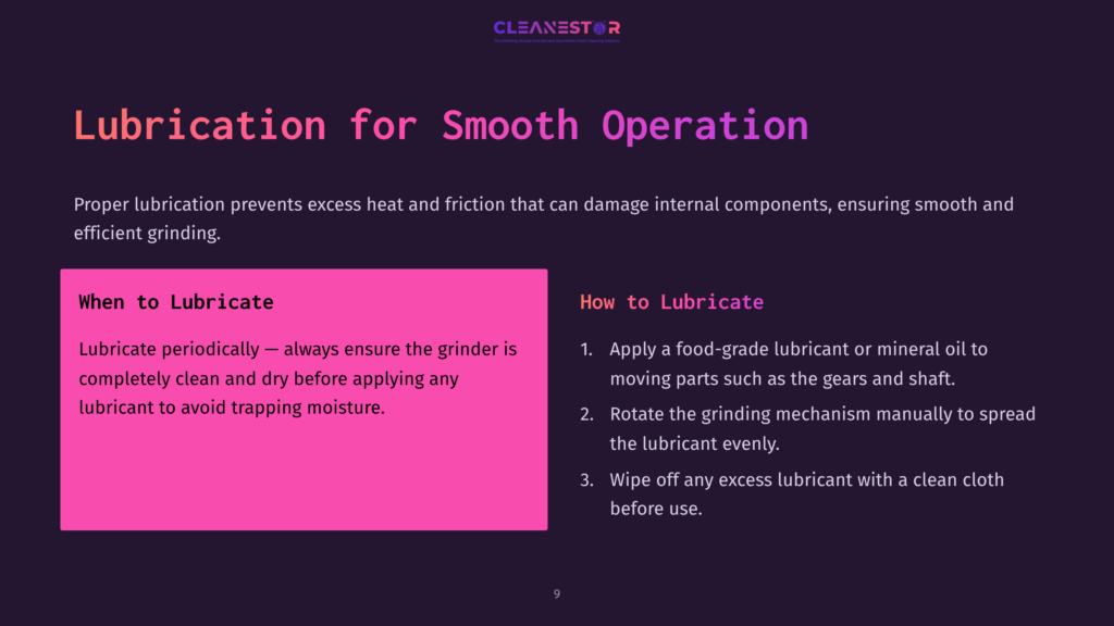 Presentation Slide Titled &Quot;Lubrication For Smooth Operation&Quot; With Text Explaining How To Lubricate A Grinder, Emphasizing Cleaning And Using Food-Grade Lubricant.